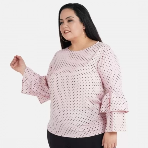 Generic Women's Casual Flute Sleeve Printed Pink Top (Color:Pink, Material:Crepe)