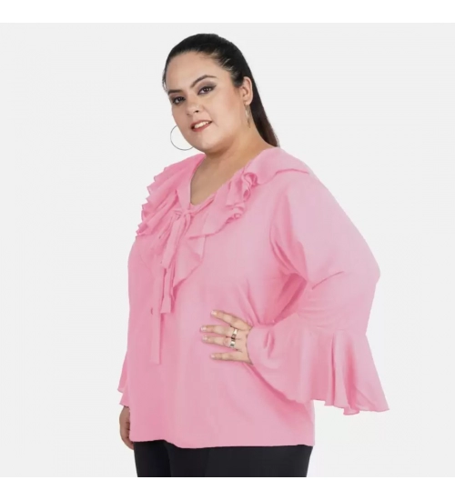 Women's Casual Bell Sleeve Solid Pink Top (Color:Pink, Material:Georgette)