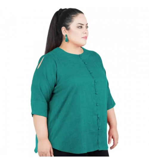 Women's Casual Solid Green Top (Color:Green, Material:Cotton Linen Blend)