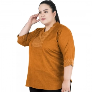 Generic Women's Casual Three Fourth Sleeve Embroidered Yellow Top (Color:Yellow, Material:Cotton Linen Blend)