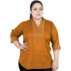 Dropship Women's Casual Three Fourth Sleeve Embroidered Yellow Top (Color:Yellow, Material:Cotton Linen Blend)