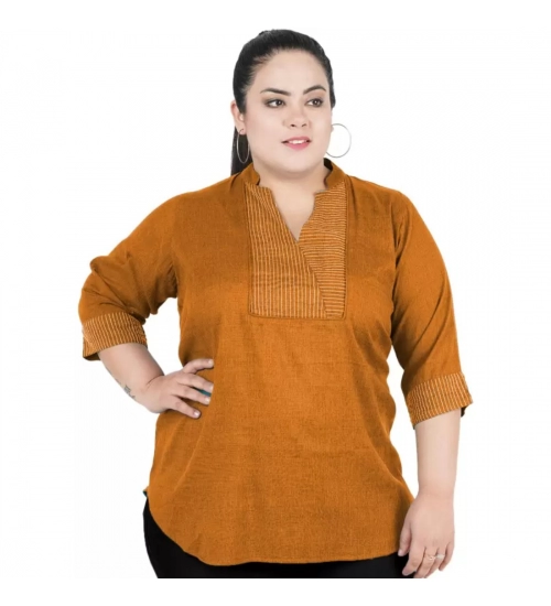 Women's Casual Three Fourth Sleeve Embroidered Yellow Top (Color:Yellow, Material:Cotton Linen Blend)