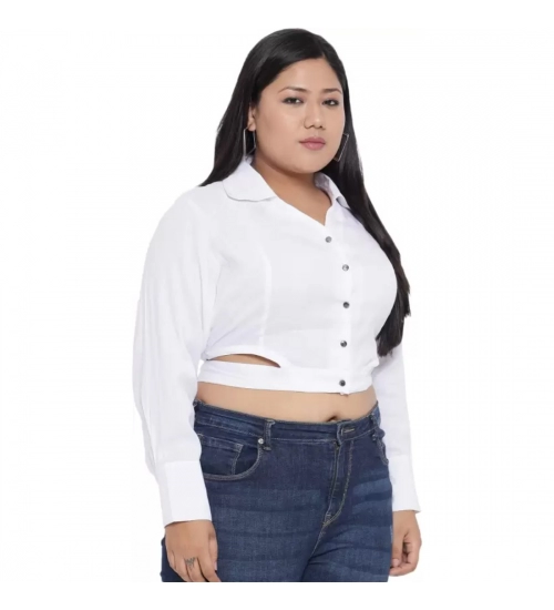 Women's Casual Solid White Top (Color:White, Material:Cotton Linen Blend)