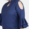 Dropship Women's Casual Bell Sleeve Solid Blue Top (Color:Blue, Material:Crepe)