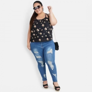 Generic Women's Casual Shoulder Strap Printed, Floral Print Black Top (Color:Black, Material:Poly Crepe)