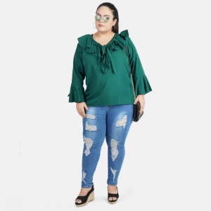 Generic Women's Casual Bell Sleeve Solid Green Top (Color:Green, Material:Georgette)