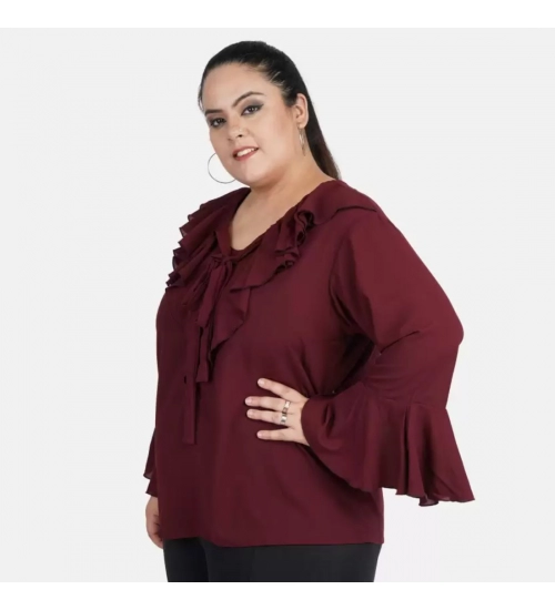 Women's Casual Bell Sleeve Solid Maroon Top (Color:Maroon, Material:Georgette)