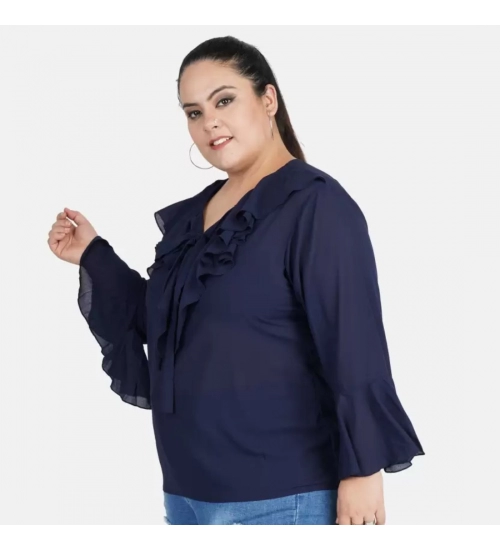 Women's Casual Bell Sleeve Solid Blue Top (Color:Blue, Material:Georgette)