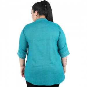 Generic Women's Casual Three Fourth Sleeve Embroidered Light Green Top (Color:Light Blue, Material:Cotton Linen Blend)