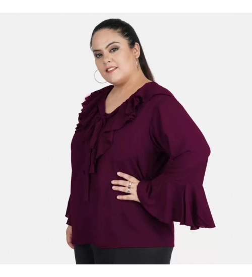 Women's Casual Bell Sleeve Solid Purple Top (Color:Purple, Material:Georgette)