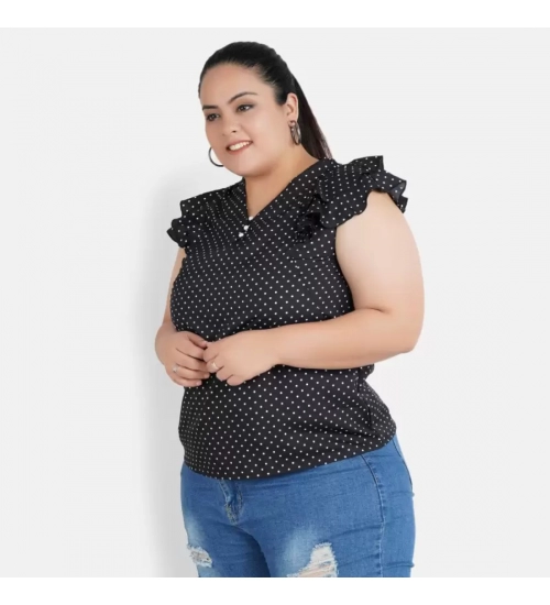 Women's Casual Flutter Sleeve Polka Print Black Top (Color:Black, Material:Crepe)