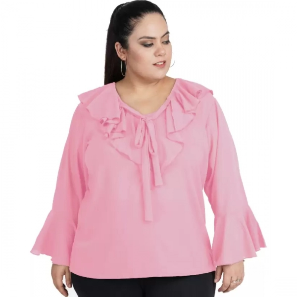 Dropship Women's Casual Bell Sleeve Solid Pink Top (Color:Pink, Material:Georgette)