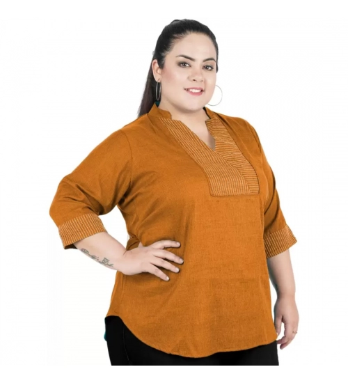 Women's Casual Three Fourth Sleeve Embroidered Yellow Top (Color:Yellow, Material:Cotton Linen Blend)