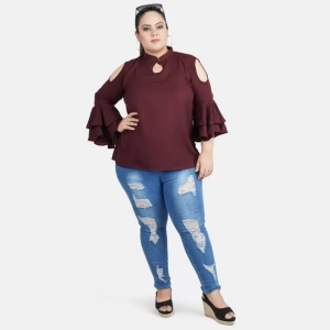 Generic Women's Casual Juliet Sleeve Solid Maroon Top (Color:Maroon, Material:Crepe)