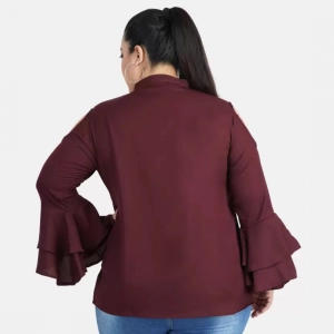 Generic Women's Casual Juliet Sleeve Solid Maroon Top (Color:Maroon, Material:Crepe)