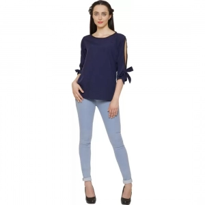 Generic Women's Casual Slit Sleeve Solid Blue Top (Color:Blue, Material:Poly Crepe)