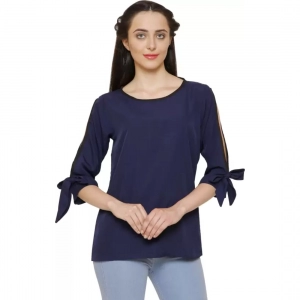 Generic Women's Casual Slit Sleeve Solid Blue Top (Color:Blue, Material:Poly Crepe)