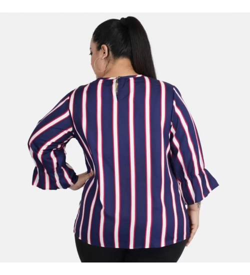 Women's Casual Bell Sleeve Striped Blue Top (Color:Blue, Material:Crepe)