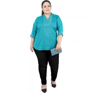 Generic Women's Casual Three Fourth Sleeve Embroidered Light Green Top (Color:Light Blue, Material:Cotton Linen Blend)