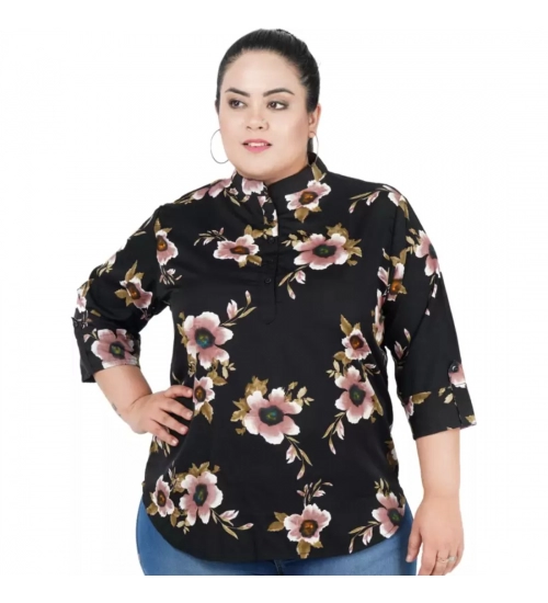 Women's Casual Three Fourth Sleeve Printed Black Top (Color:Black, Material:Poly Crepe)
