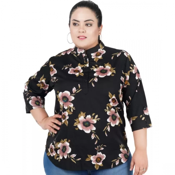Dropship Women's Casual Three Fourth Sleeve Printed Black Top (Color:Black, Material:Poly Crepe)