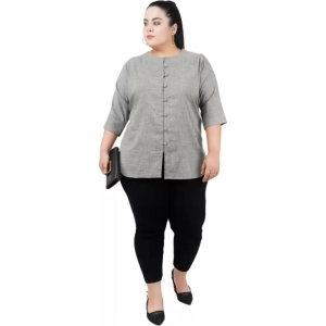 Generic Women's Casual Solid Grey Top (Color:Grey, Material:Cotton Linen Blend)