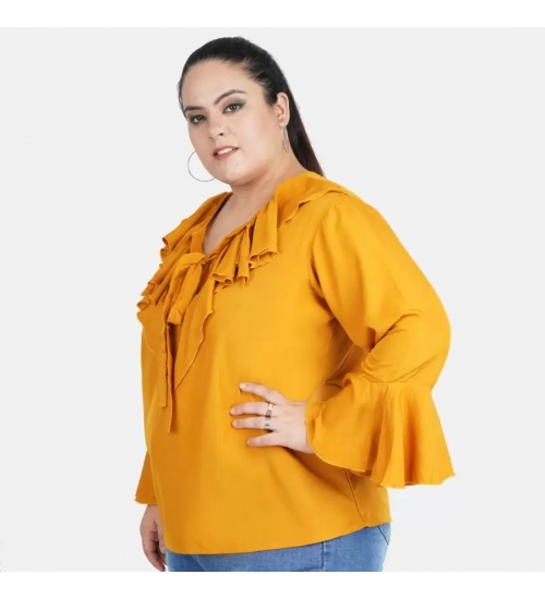 Women's Casual Bell Sleeve Solid Yellow Top (Color:Yellow, Material:Georgette)