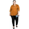 Dropship Women's Casual Three Fourth Sleeve Embroidered Yellow Top (Color:Yellow, Material:Cotton Linen Blend)