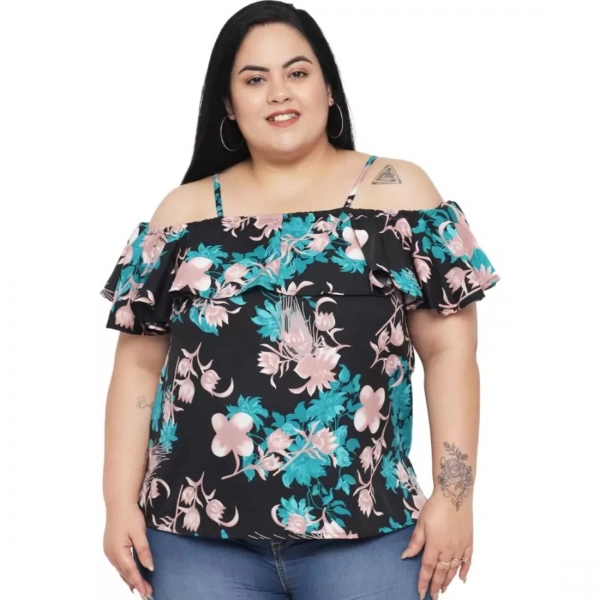 Dropship Women's Casual Floral Print Black Top (Color:Black, Material:Polyester)
