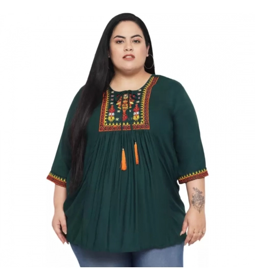 Women's Casual Embroidered Dark Green Top (Color:Dark Green, Material:Rayon)