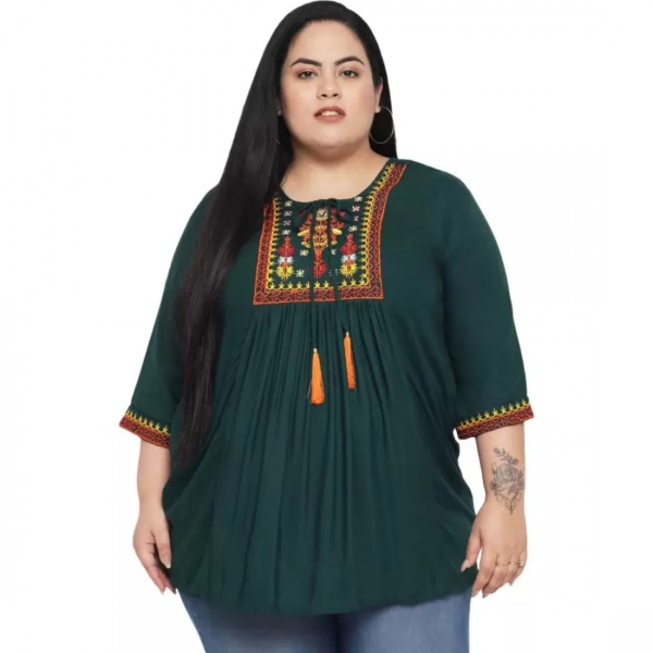 Dropship Women's Casual Embroidered Dark Green Top (Color:Dark Green, Material:Rayon)