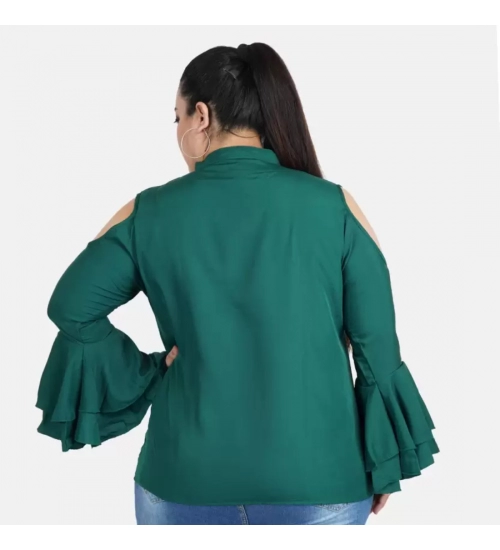 Women's Casual Bell Sleeve Solid Green Top (Color:Green, Material:Crepe)