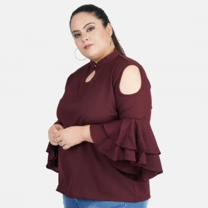 Generic Women's Casual Juliet Sleeve Solid Maroon Top (Color:Maroon, Material:Crepe)