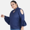Dropship Women's Casual Bell Sleeve Solid Blue Top (Color:Blue, Material:Crepe)