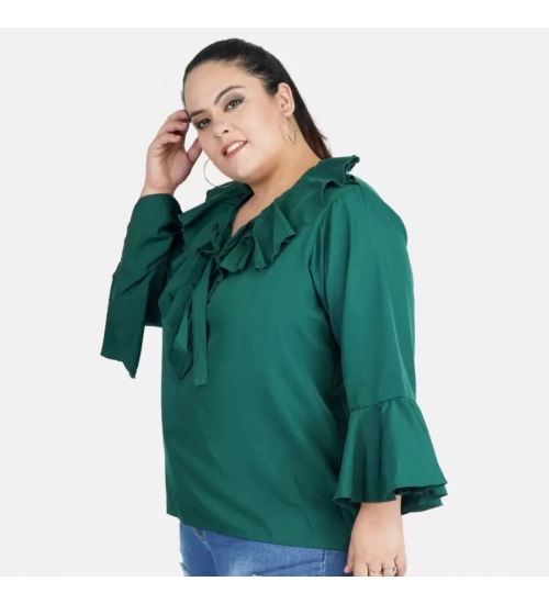 Women's Casual Bell Sleeve Solid Green Top (Color:Green, Material:Georgette)