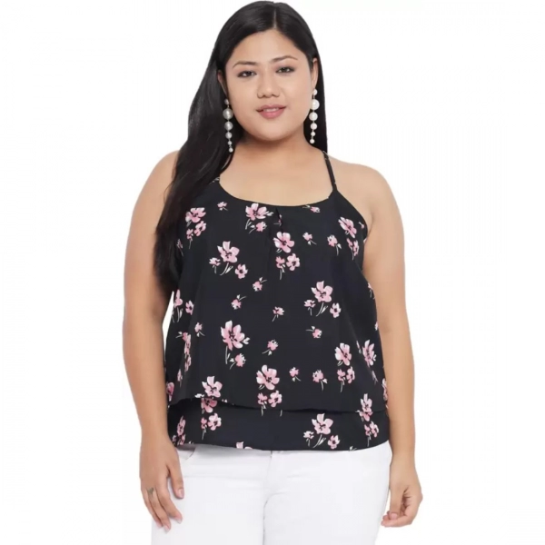 Dropship Women's Casual Floral Print Black Top (Color:Black, Material:Polyester)