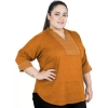 Dropship Women's Casual Three Fourth Sleeve Embroidered Yellow Top (Color:Yellow, Material:Cotton Linen Blend)