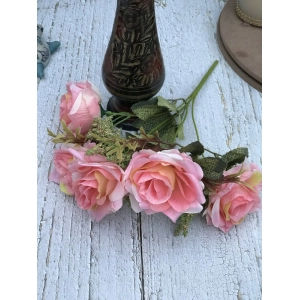 Generic Artificial Flowers Bunch Bouquet Of 5 Vintage Garden Roses For Home Decoration (Peach Pink, Material:Silk, Polyester)