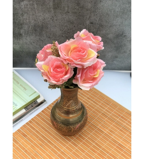 Artificial Flowers Bunch Bouquet Of 5 Vintage Garden Roses For Home Decoration (Peach Pink, Material:Silk, Polyester)