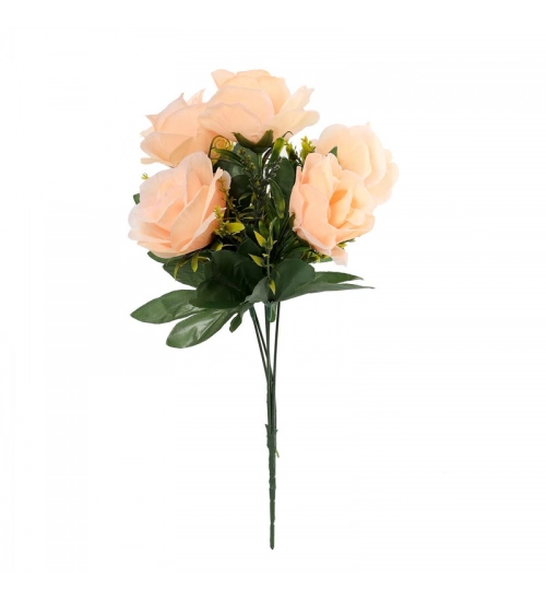 Artificial Flowers Bunch Bouquet Of 5 Roses For Home Decoration (Peach, Material:Silk, Polyester)