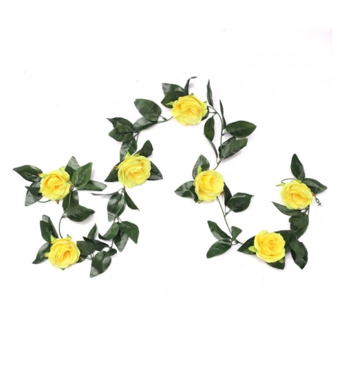 Artificial Rose Vine Flowers With Green Leaves For Home Party Garden Wall Decoration (Yellow, Material:Silk, Polyester)