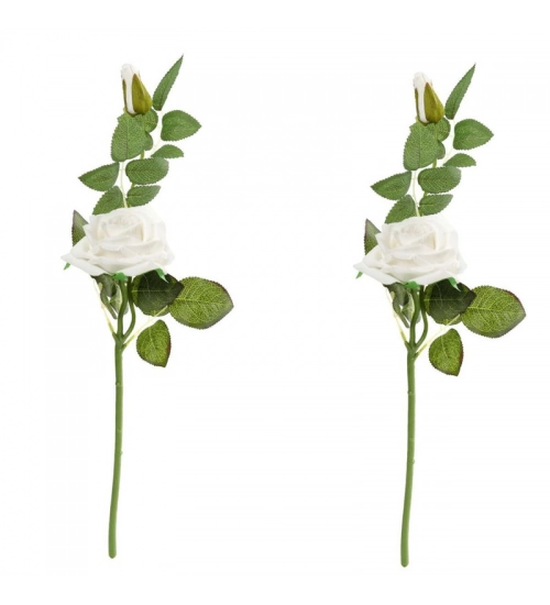 Pack Of_2 Artificial White Velvet Rose Flower Stem With Bud For Home Decoration (White, Material:Silk, Polyester)