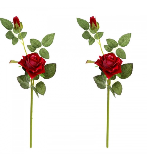 Pack Of_2 Artificial Rose Red Velvet Rose Flower Stem With Bud For Home Decoration (Red, Material:Silk, Polyester)