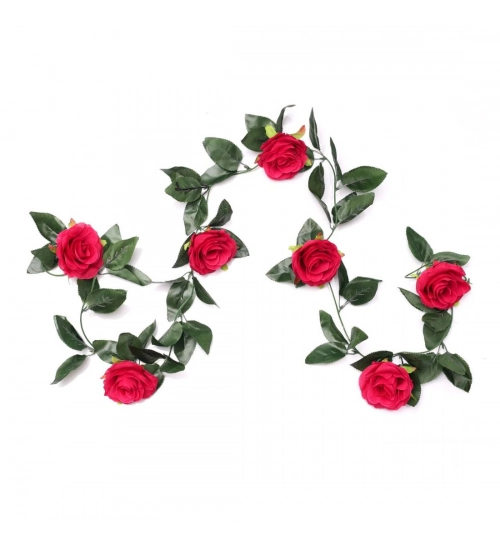 Artificial Rose Vine Flowers With Green Leaves For Home Party Garden Wall Decoration (Rani Pink, Material:Silk, Polyester)