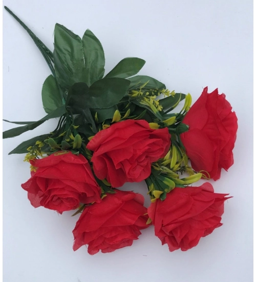 Artificial Flowers Bunch Bouquet Of 5 Roses For Home Decoration (Red, Material:Silk, Polyester)