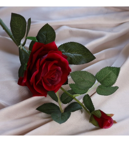 Pack Of_2 Artificial Rose Red Velvet Rose Flower Stem With Bud For Home Decoration (Red, Material:Silk, Polyester)