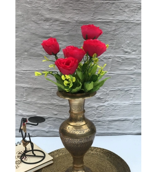 Artificial Flowers Bunch Bouquet Of 6 Garden Roses For Home Decoration (Darkpink, Material:Silk, Polyester)