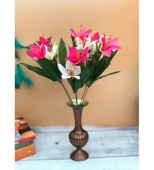Artificial Flowers Bunch Bouquet Oflily Flowers For Home Decoration (Pink And White, Material:Silk, Polyester)