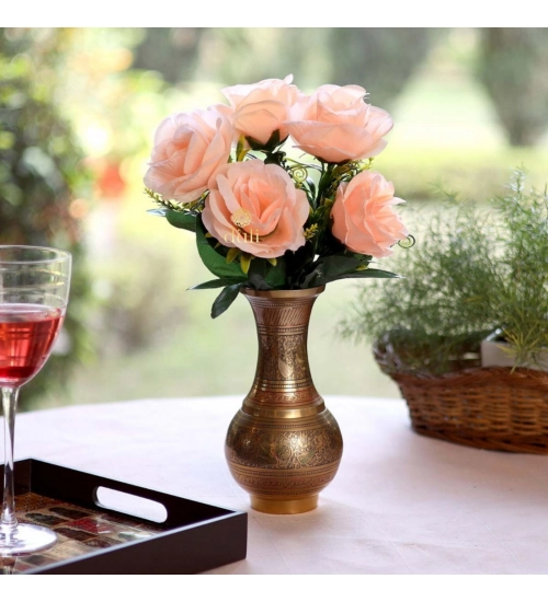 Artificial Flowers Bunch Bouquet Of 5 Roses For Home Decoration (Peach, Material:Silk, Polyester)