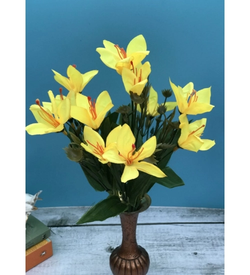 Artificial Flowers Bunch Bouquet Oflily Flowers For Home Decoration (Yellow, Material:Silk, Polyester)